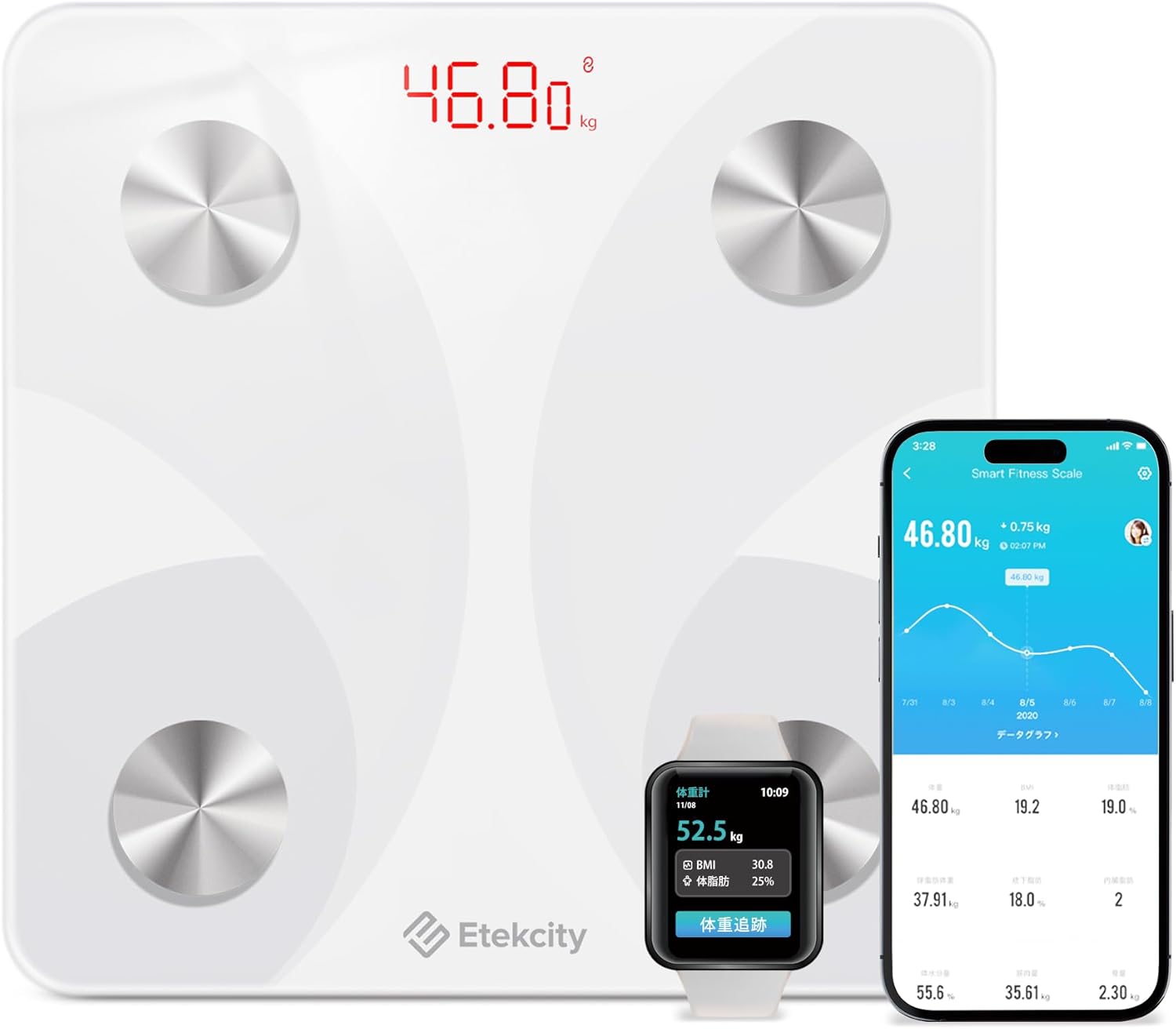 Etekcity 体重計 体組成計 スマホ連動 13項目測定可能 ２年品質保障 体脂肪計 Fitbit連携 スマート 高精度 軽量 日本語対応APP・説明書 FIT8S (ホワイト)